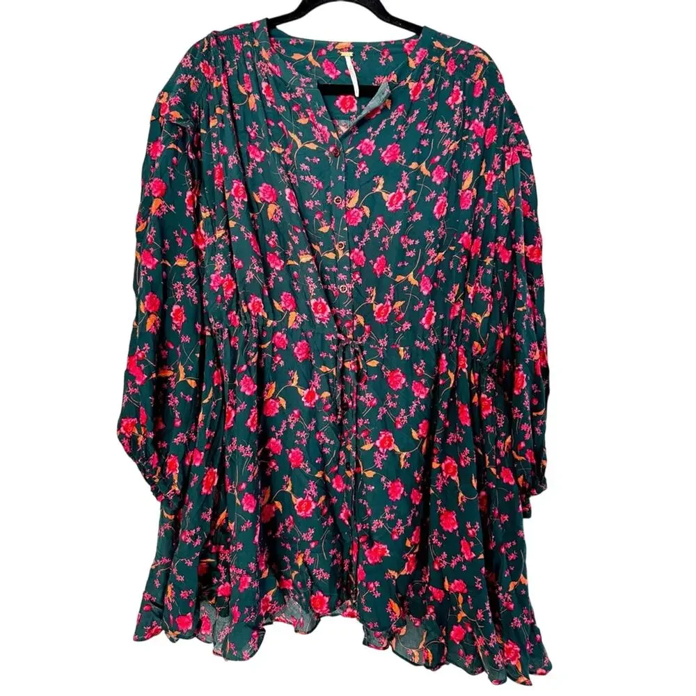 Free People Womens Green Flower Fields Mini Ruffle Shirt Dress S Boho